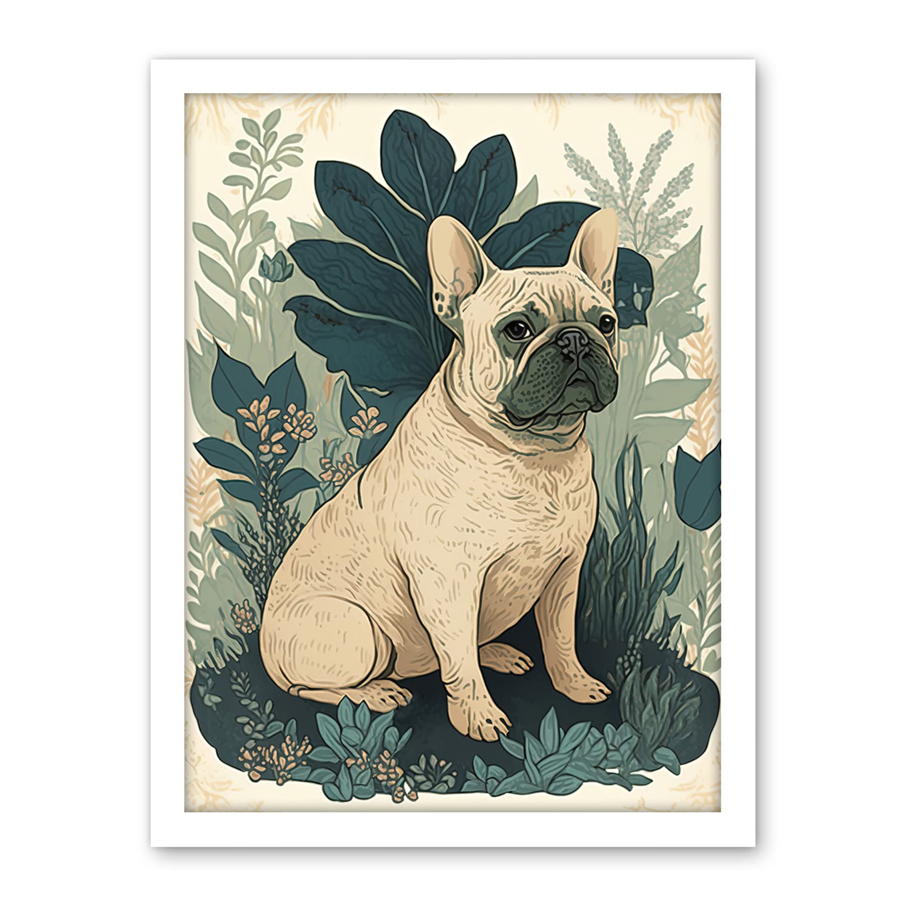 Artery8 French Bulldog and Tropical Plants Modern Pastel Colour Boho Illustration Artwork Framed Wall Art Print 18X24 Inch