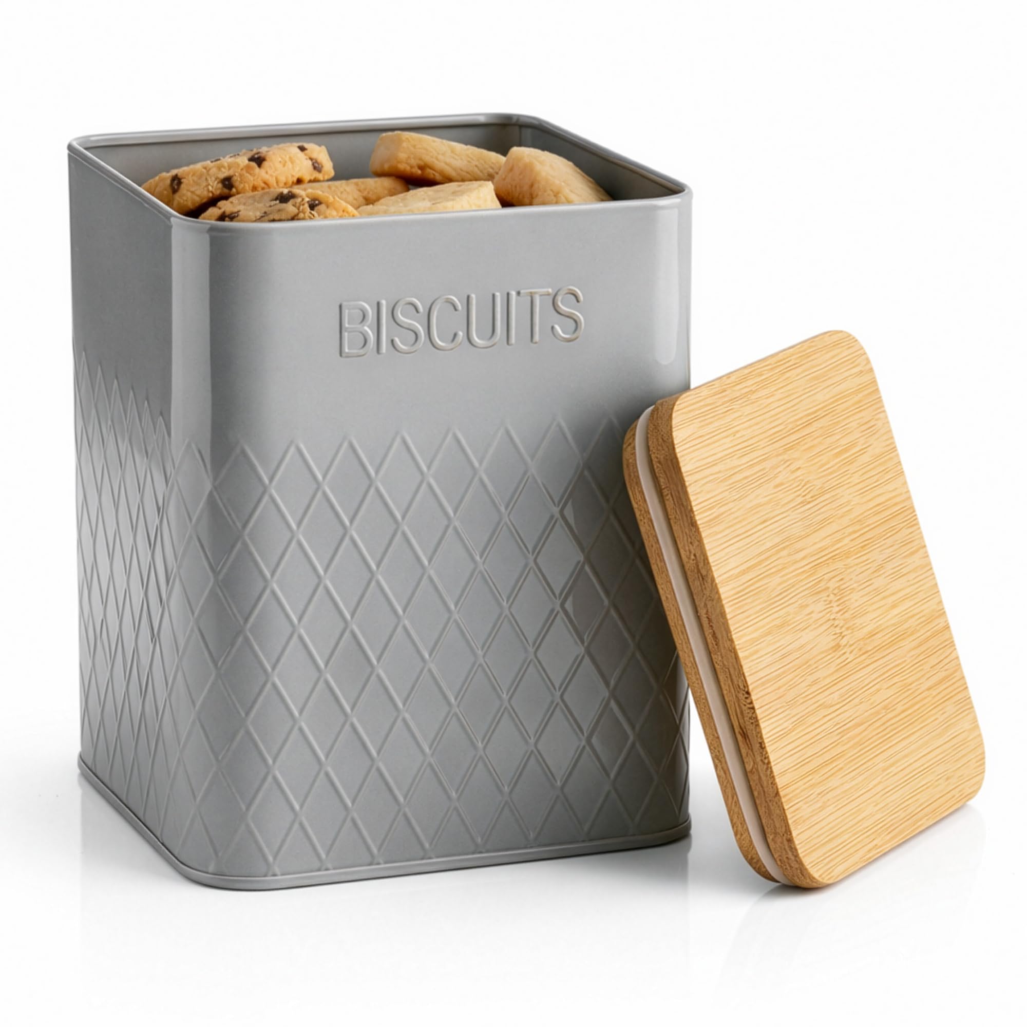 Winsome Grey Square Biscuit Barrel | 3.2 Litre Biscuit Tin | Airtight Bamboo Lid Biscuit Container| Metal Biscuit Tin For Keeping Your Cookies Fresh & Protected (Grey Square)