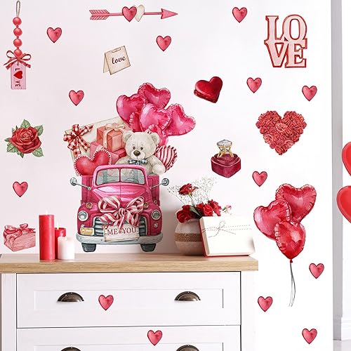 Calcomanías de pared de amor para el día de San Valentín calcomanías de pared de globo rojo para ventana anillos de diamante rosa calcomanías