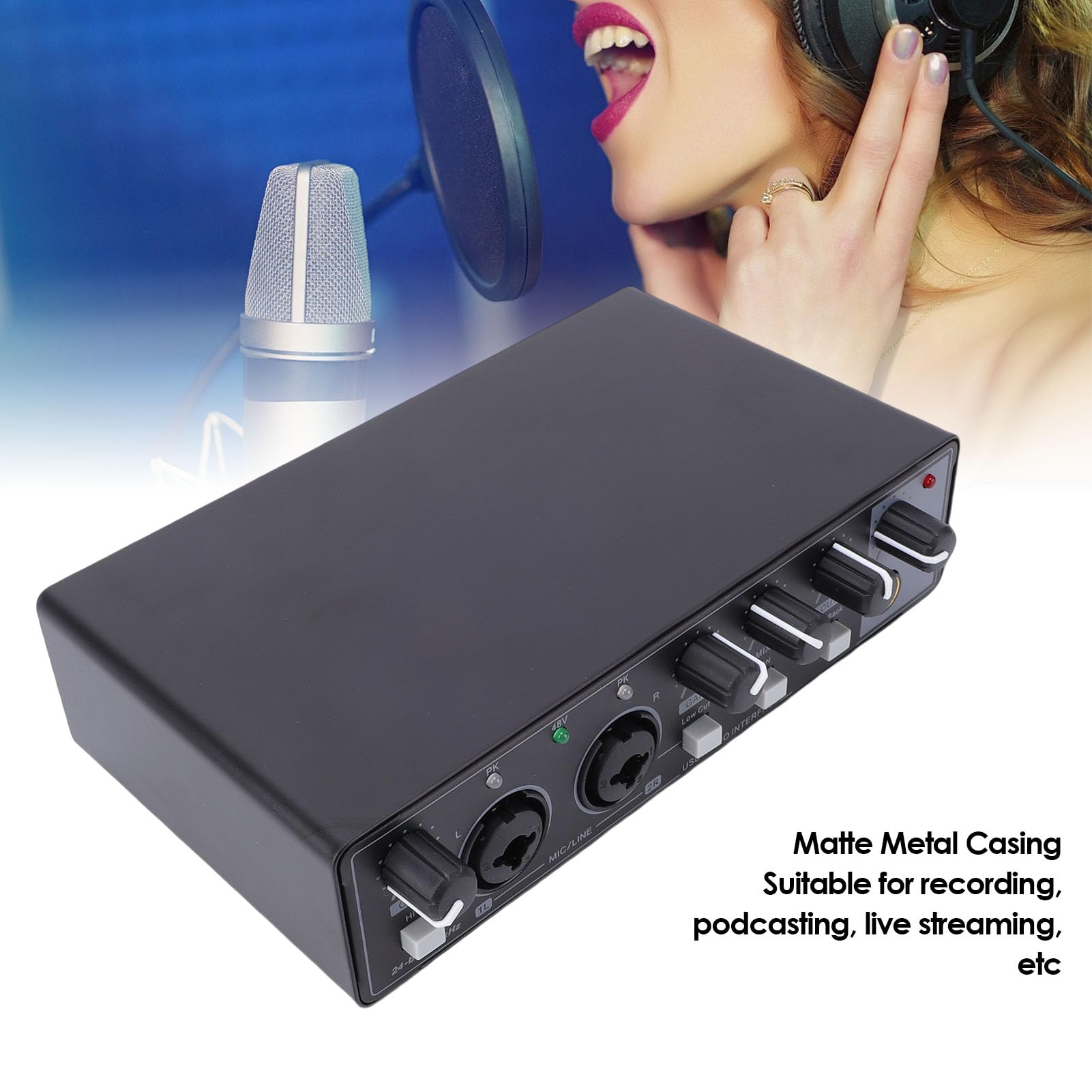 Bewinner Interfaz de USB C, Grabación de 24 Bits a 192 KHz con Preamplificador Transparente y Entrada Hi Z, para Músicos que Transmiten Podcasting, PC, Mac, Software DAW (BLACK)