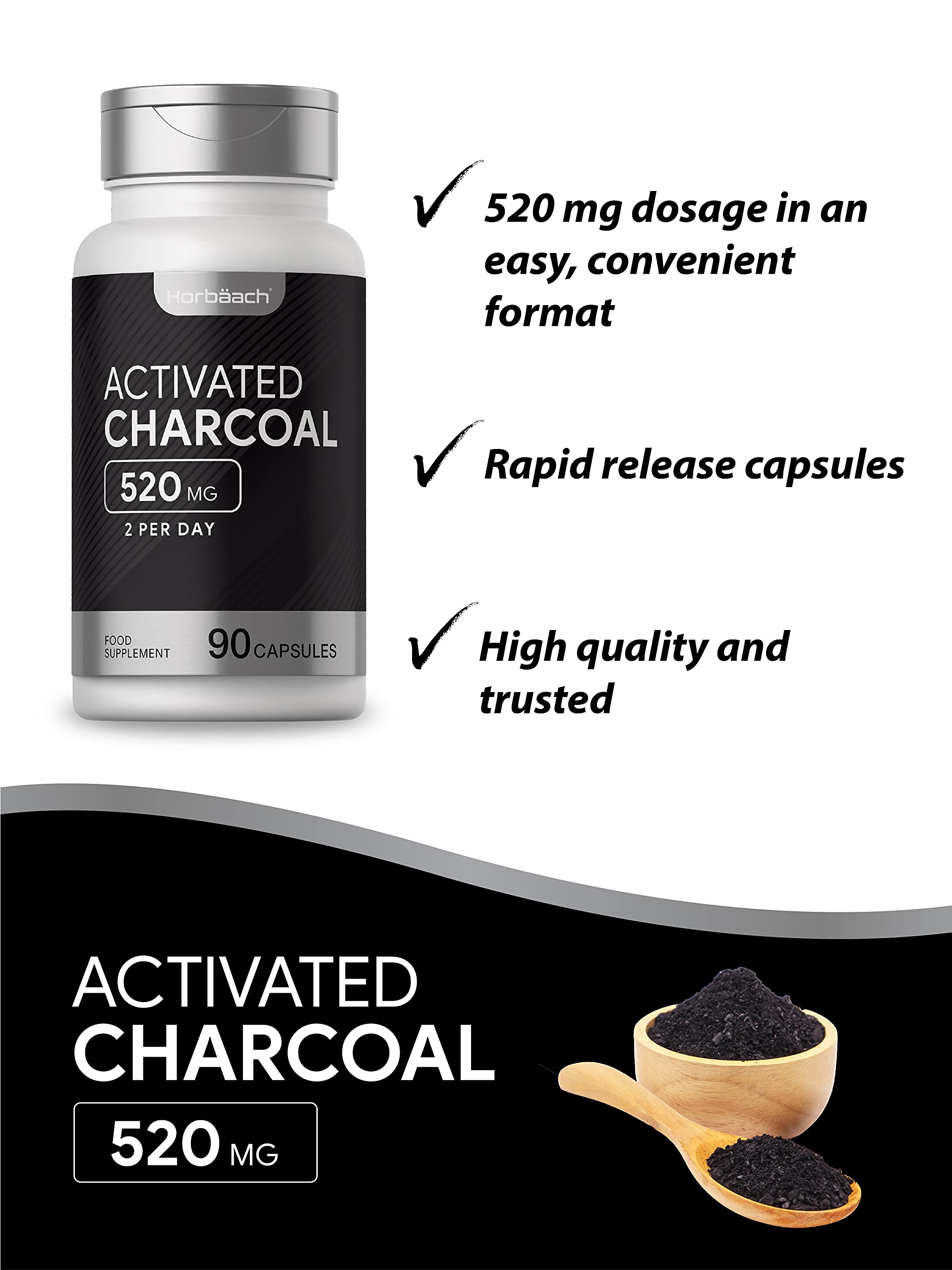 Buy Activated Charcoal 520mg 90 Capsules Natural Coconut Charcoal Capsules for Bloating, Gas