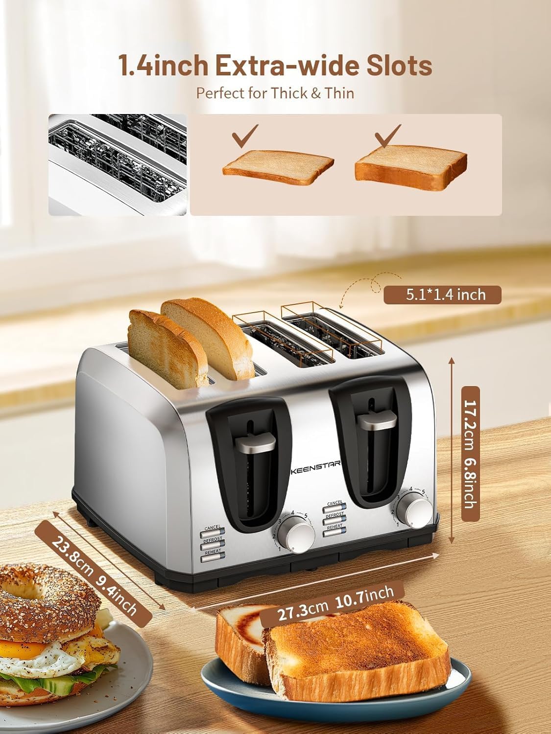 Keenstar Toaster 4 Slice, Bread Toaster with Dual Control Panels Extra-Wide Slot of Bagel/Defrost/Cancel Function, 7 Toasting Bread Shade Settings, Removable Crumb Trays, Auto Pop-Up, Stainless Steel