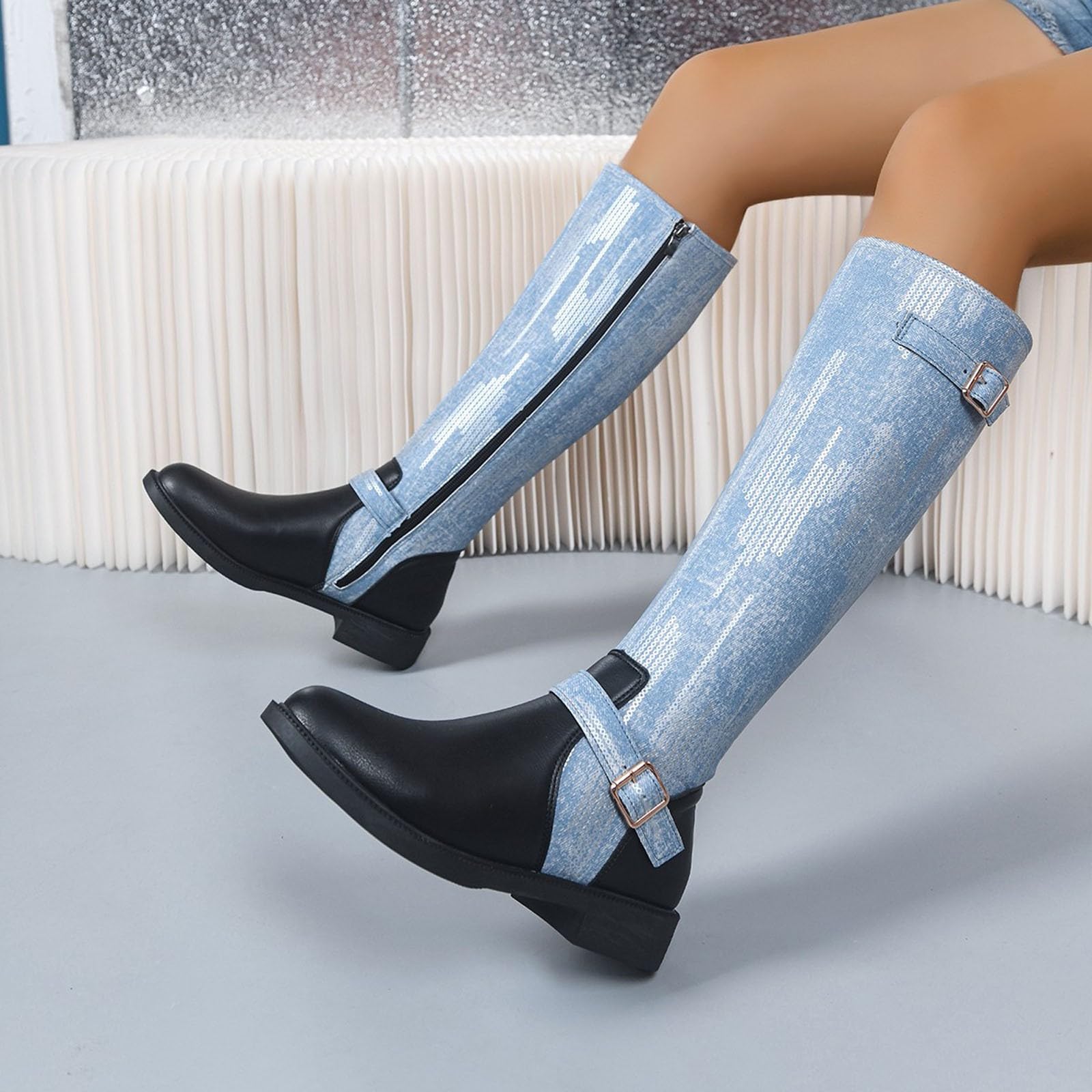 Botas de Invierno Mujer Botas Altas Punta Redonda hasta la Rodilla, Estilo Patchwork Vaquero, con tacón Grueso, Ideales para otoño Invierno.