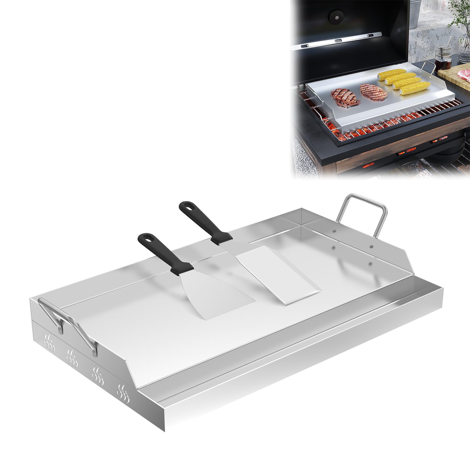 LZQ Plaque de cuisson en acier inoxydable avec poignées 51 x 32 x 7 cm | Plancha en acier inoxydable pour barbecues à gaz et au charbon de bois | Surface de cuisson | Accessoires de barbecue pour