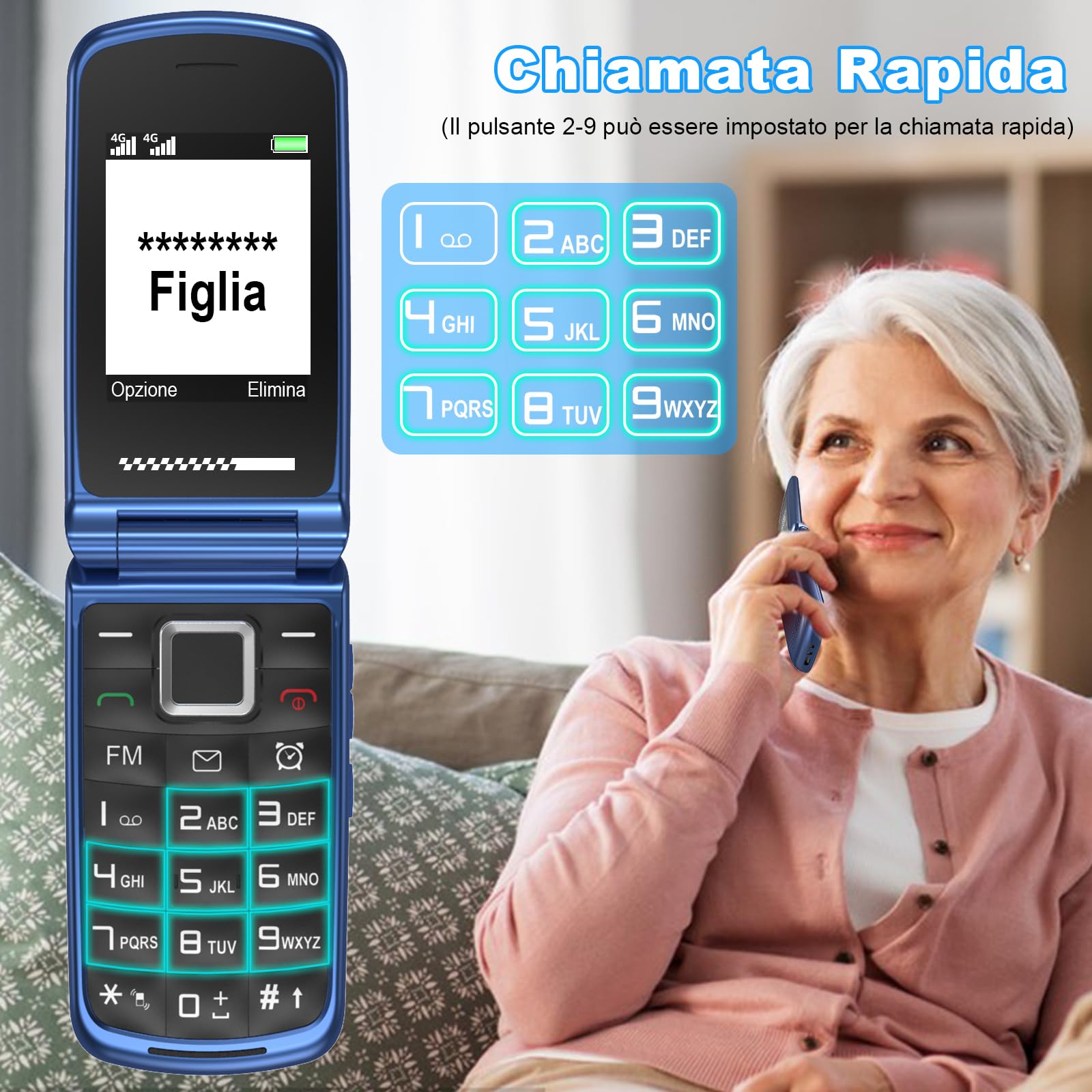 Telefono Cellulare per Anziani 4G, Telefoni Cellulari Tasti Grandi a Conchiglia Volume Alto Schermo da 2,4 e 1,77 Pollici Doppia SIM Funzione SOS Base di Ricarica Chiamata Rapida Torcia Sveglia, Blu