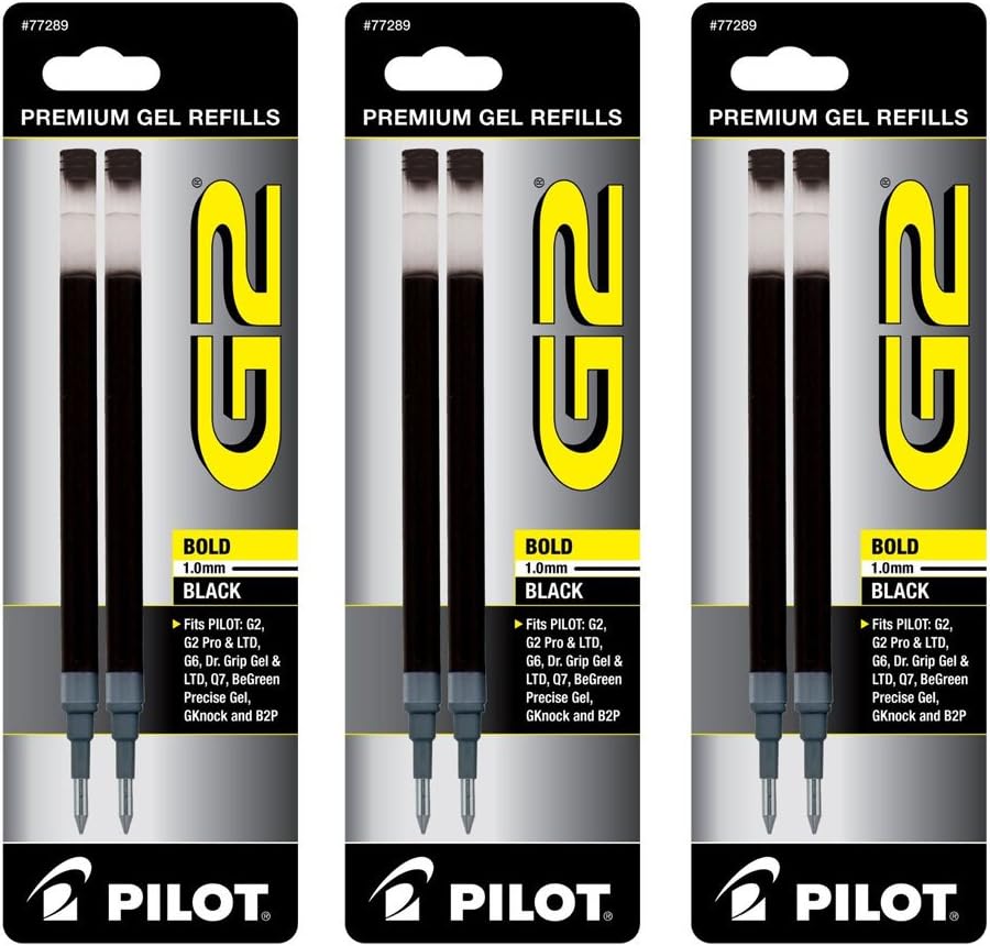 Pilot G2 Gel Ink Refill, 2-Pack for Rolling Ball Pens, Bold Point, Black Ink, Pack of 3 = 6 Refills