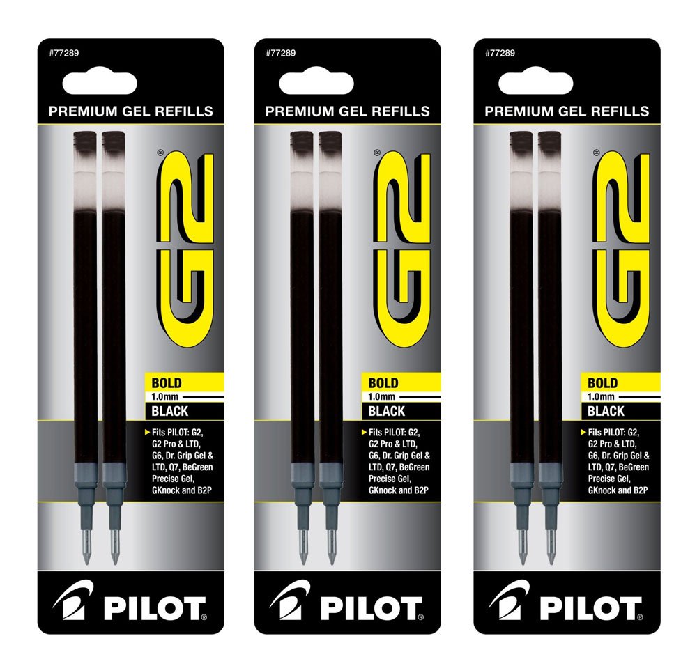 Pilot G2 Gel Ink Refill, 2-Pack for Rolling Ball Pens, Bold Point, Black Ink, Pack of 3 = 6 Refills