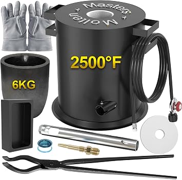 MMasters 6KG Propane Melting Furnace Kit, 2500F High Efficiency | Includes Crucible, Tongs, Ingot Mold and Gloves for Gold Silver Copper Aluminum Melting, Casting and Home Foundry Projects