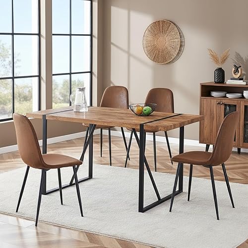 Dining Table Set for 4, Modern 55'' Dark Wood Dining Table and Fabric Dining Chairs Set of 4,Table and Chairs Set of 4,Ideal for Kitchen Dining Room