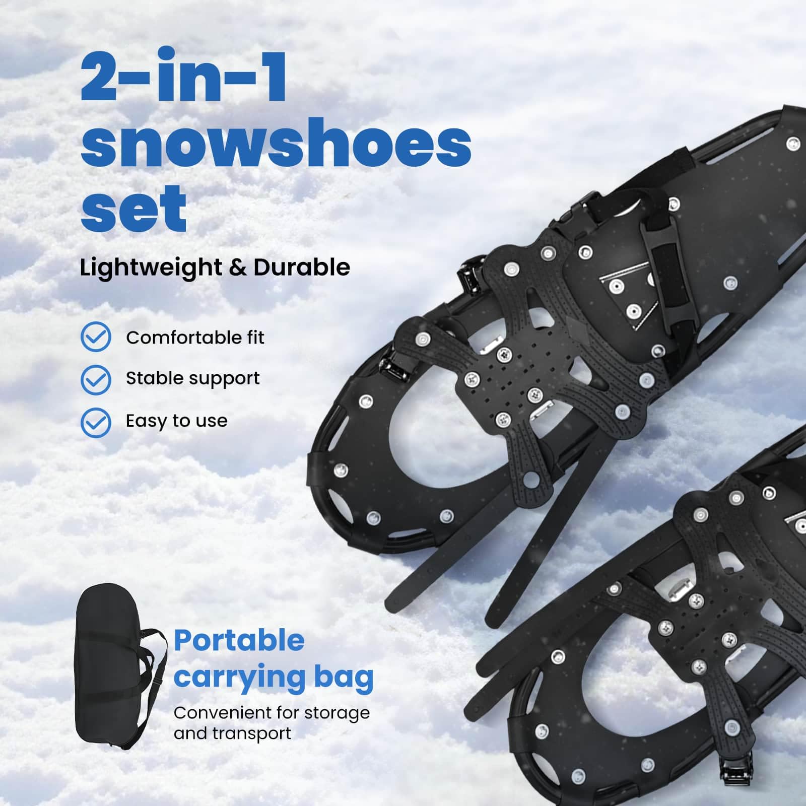 vidaXL Ciaspole 3 in 1 Nero 63 x 21 cm Alluminio e HDPE, Ciaspole in alluminio per il giardino, attrezzatura outdoor regolabile, accessori moderni per camminare sulla neve