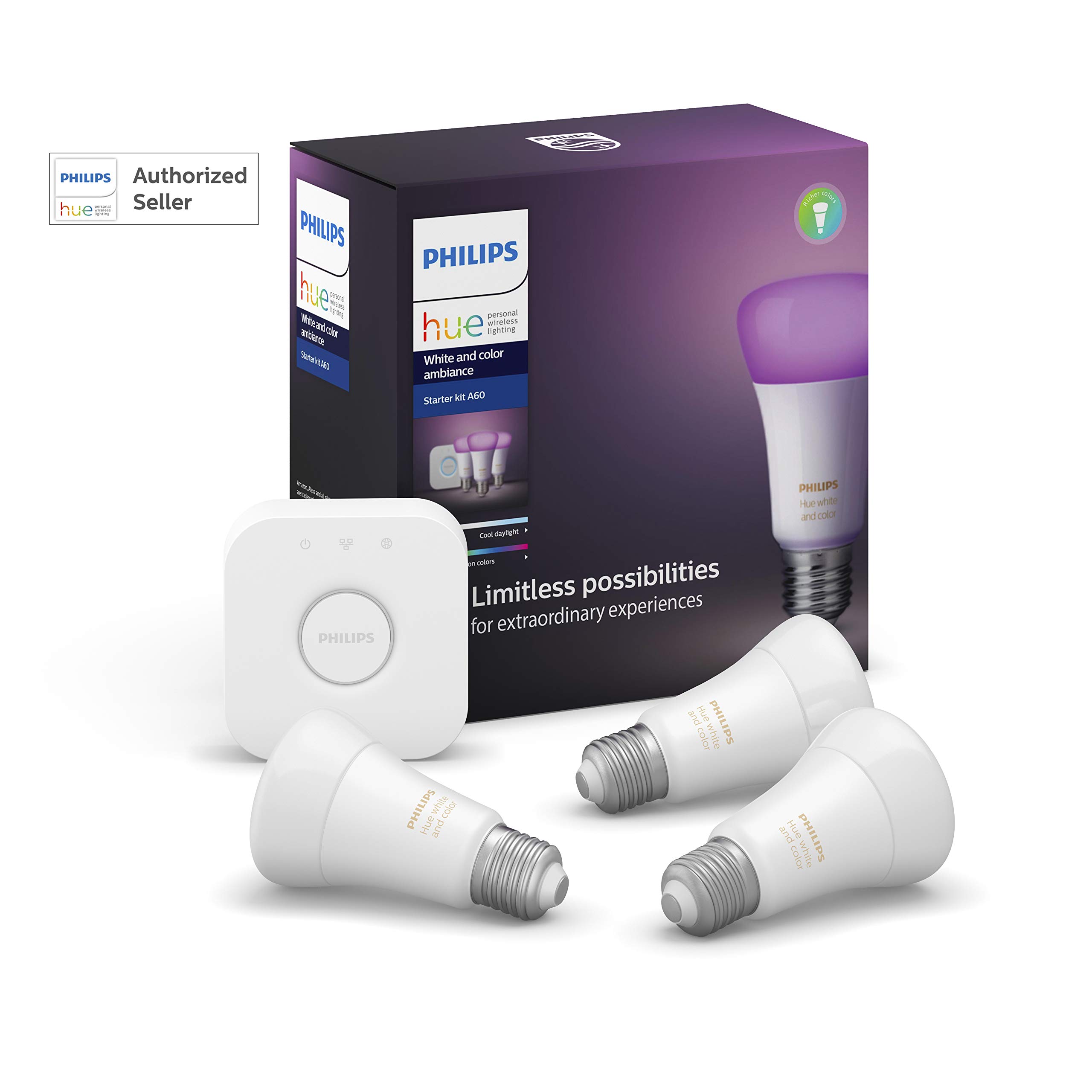 Philips Hue White & Colour Ambiance Smart LED Light - Starter Kit (3 Bulbs & Bridge), Bluetooth & Zigbee compatible, Works with Apple Homekit, Siri, Alexa, Google Assistant and Many More