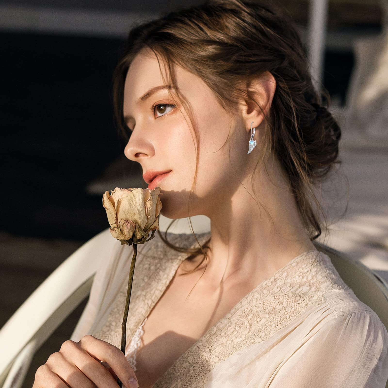 Pendientes de alas de ángel de plata de ley 925 con alas de ángel de la guarda, aretes colgantes de ángel de la guarda con piedra lunar, regalos de joyería para mujeres y niñas
