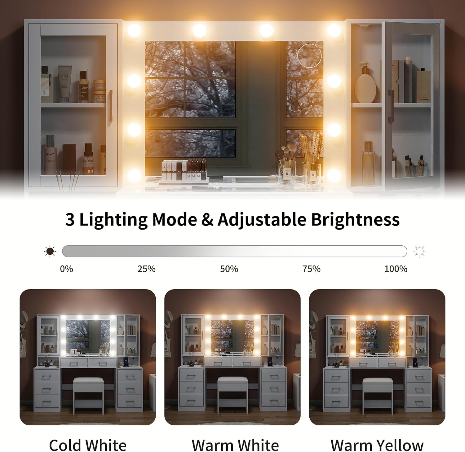 Vanity mirror showing three lighting modes: Cold White, Warm White, and Warm Yellow, with a brightness adjustment slider.