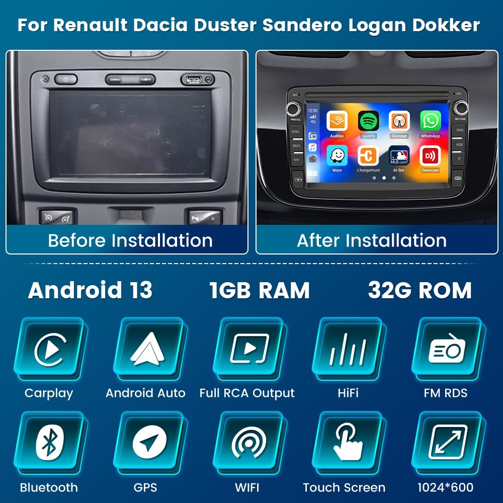 Radio Android 13 Para Renault Dacia Sandero II 2012-2019 | 9" Pantalla Táctil | CarPlay Android Auto Inalámbrico | 2+64GB