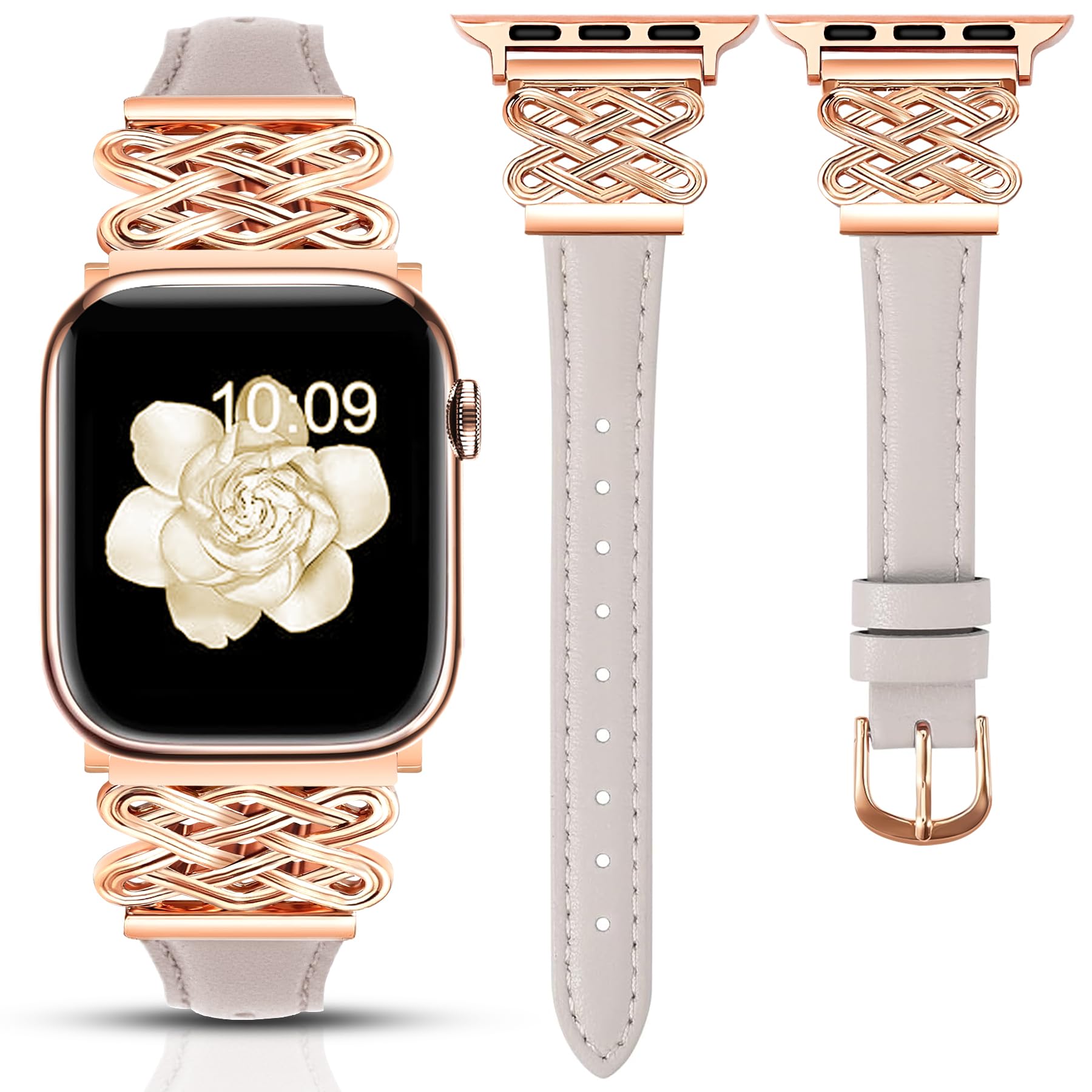 Newlibery Leather Band for Women Slim Dressy Bands Compatible with Apple Watch 38mm 40mm 41mm 42mm 44mm 45mm 49mm, Designer Interlock Buckle Strap for iWatch Series 10/9/8/7/6/5/4/3/2/1/SE/Ultra