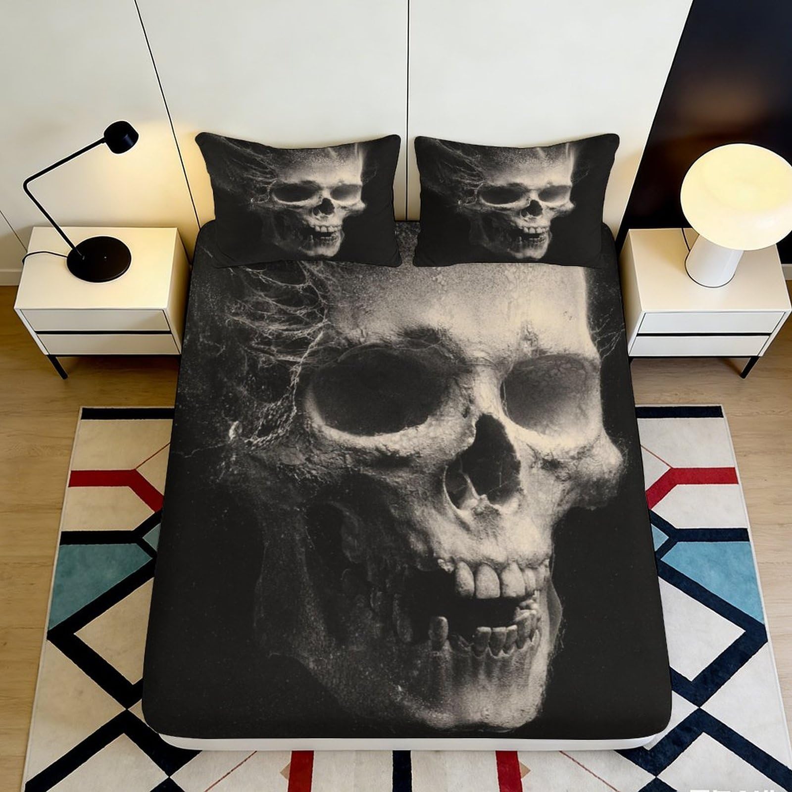 3D Printed Skull Art Fitted Sheet Microfiber Black Gothic Skeleton Mattress Cover for Bedroom Dorm Decor Protection 90x200x25cm