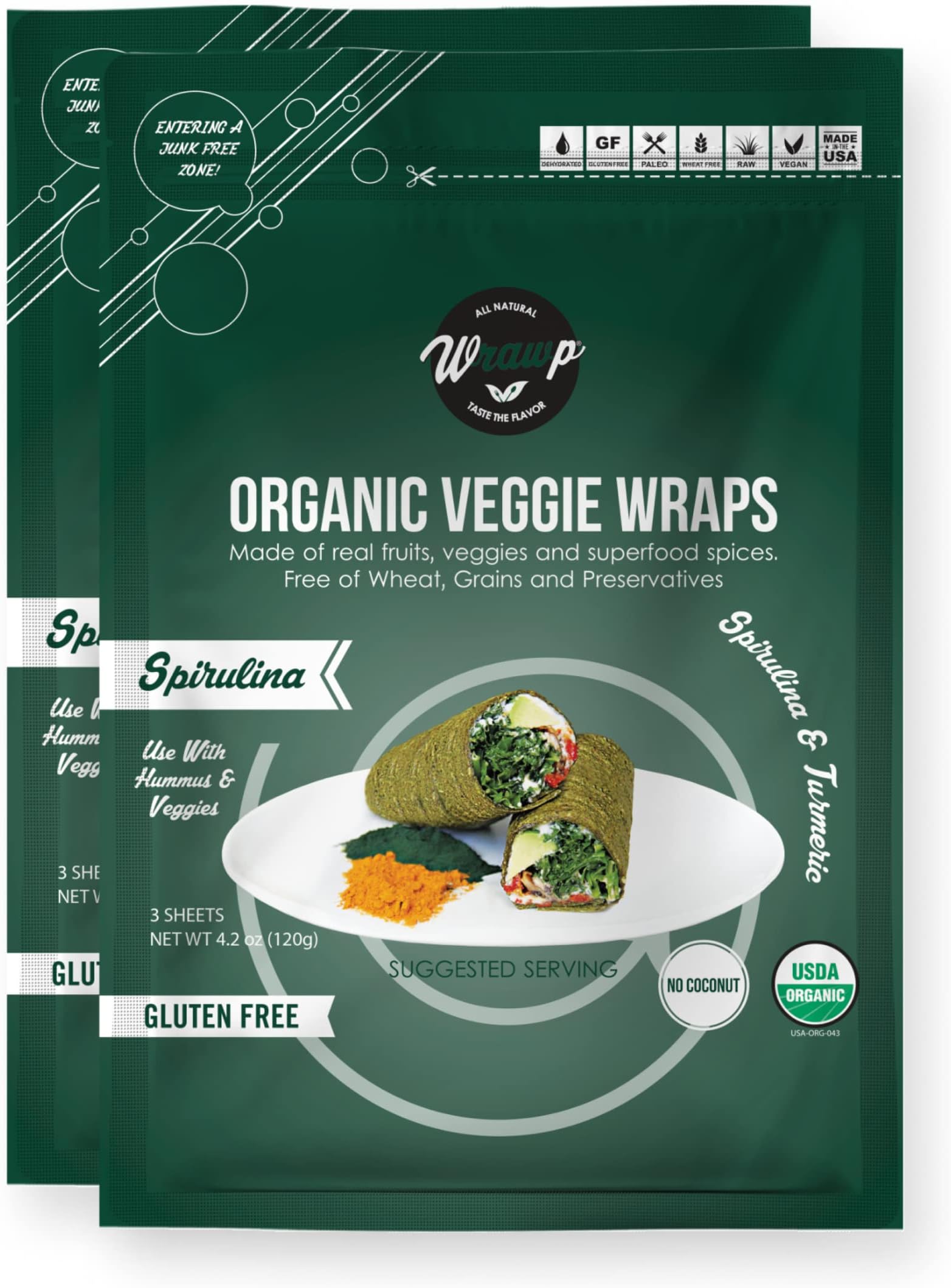 Organic Veggie Wraps - SPIRULINA (2 pack) SHELF STABLE, All Natural, Gluten Free, Paleo, Raw Vegan. Perfect for Wraps, flat bread, snack, chips