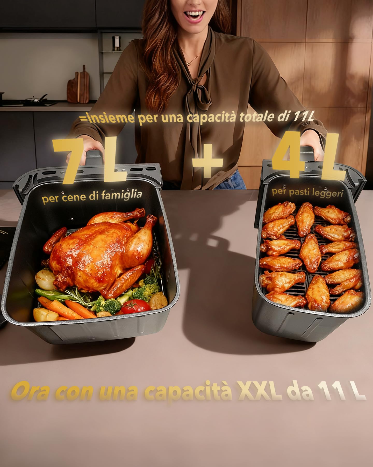 Friggitrice ad Aria 11L con Doppio Cestello (4+7L), Air Fryer XXL 2600W, Doppia Resistenza, 10 Programmi, Cottura Indipendente & Sync, Risultati Croccanti con Poco Olio, Touchscreen Digitale