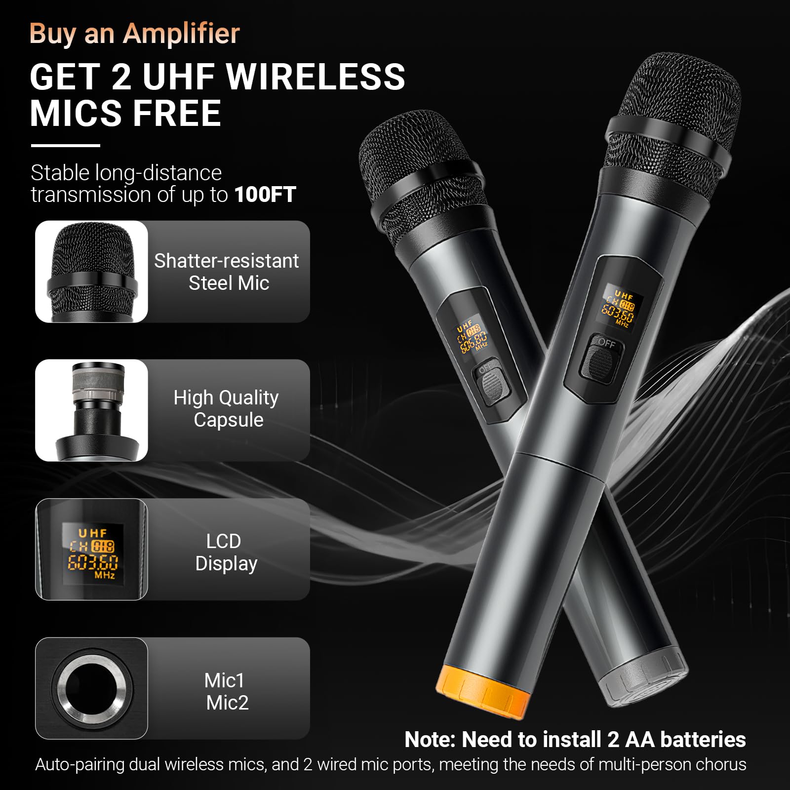Ricevitori e amplificatore audio domestico all-in-one con altoparlante HiFi professionale e doppi microfoni wireless UHF, set di amplificatori stereo Bluetooth 5.0 per casa/festa/musica, USB/TF/AUX