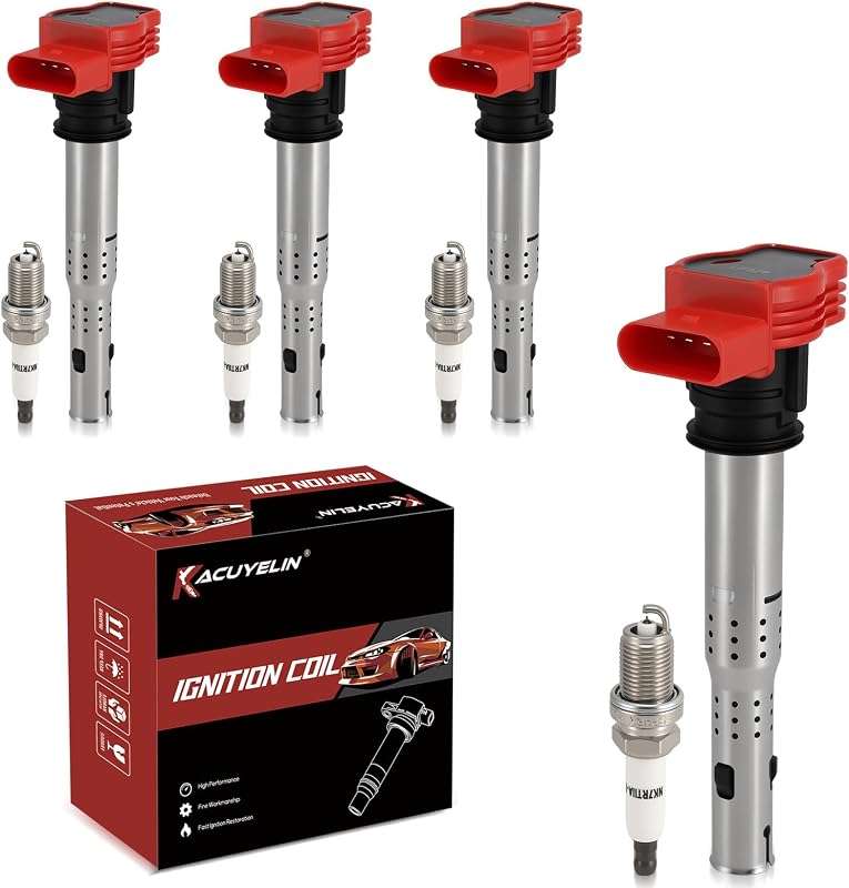 Kit de Bobinas de Ignição UF529 e Velas de Ignição de Irídio Duplo KacuYelin para Audi A4, A6, TT e Volkswagen CC, Passat e GTI 2.0T – 4 unidades