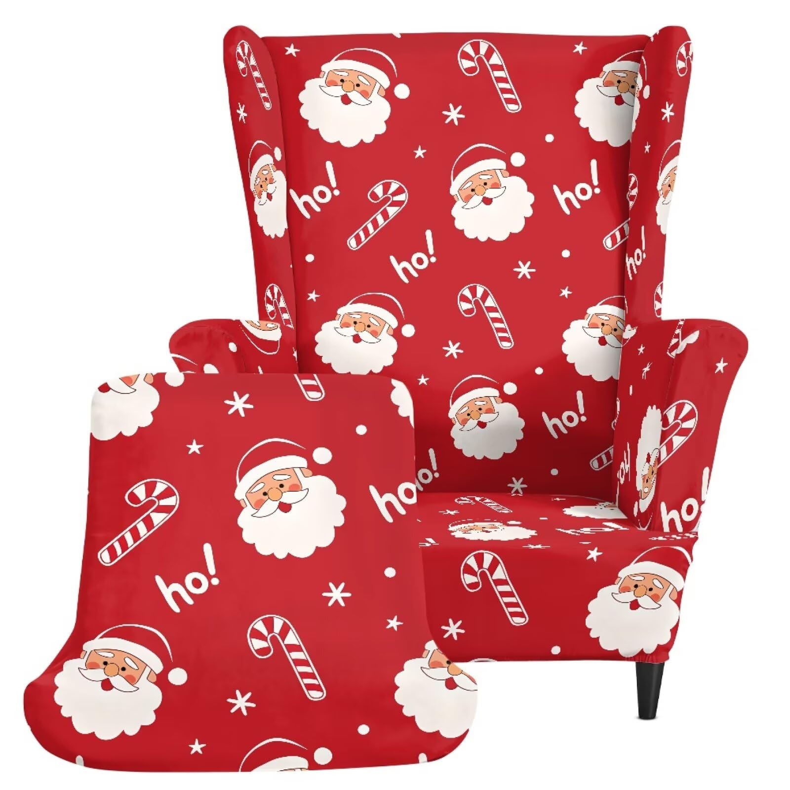 Biyejit Red Xmas Santa Cane Candy Wingback Armchair Slipcover 2 Piece Set