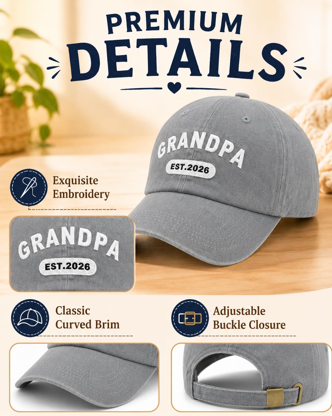 New Grandpa Est 2026 Baseball Cap, First Time Promoted to Grandfather Gift for Men, Adjustable Washed Cotton Grandpa Hat image 4
