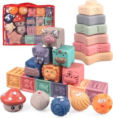 Montessori Toys Baby Stacking Soft Building Blocks Infant Teething Toys Development Sensory Infant Learning Ball-Non Toxic for Babies 6+ Months