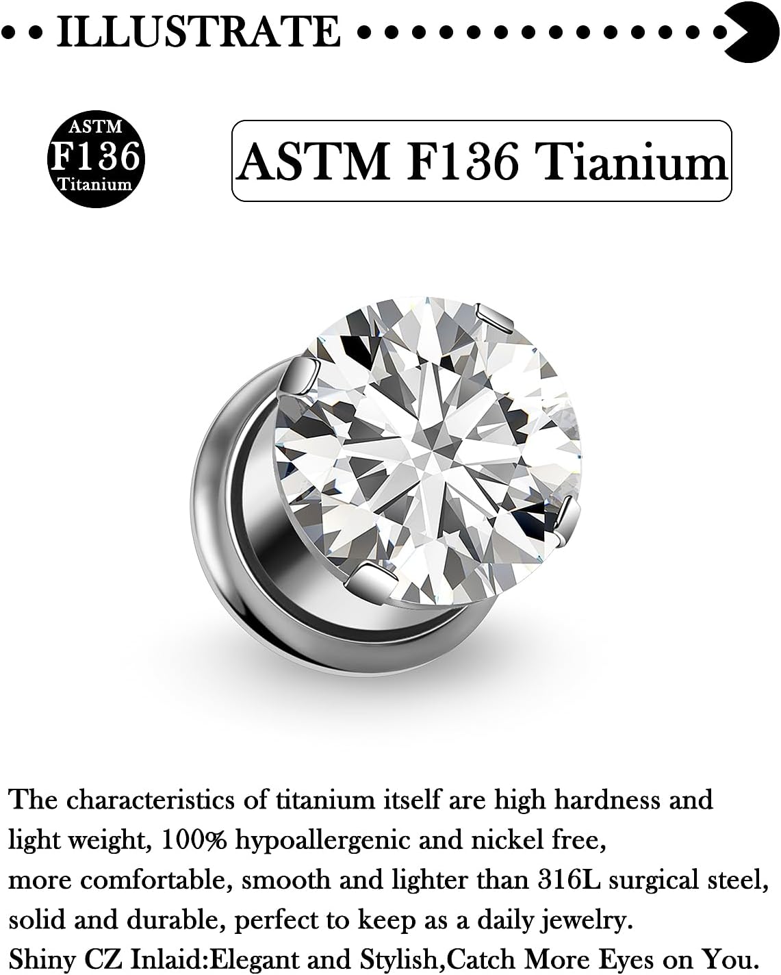 10G-00G F136 Titanium Round Zircon Ear Gauges Screw Fit Flesh Tunnels Plugs Earrings Hypoallergenic Implant Medical Grade Surgical Steel Plugs Piercing Jewelry for Women Men