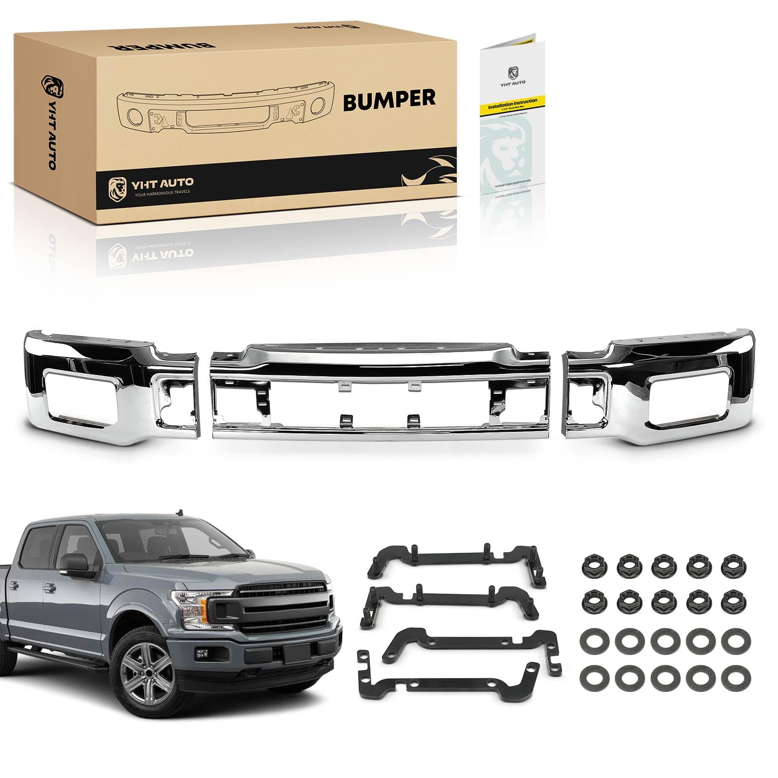 Photo 1 of YHTAUTO Front Bumper Face Bar Compatible with Ford F-150 2018 2019 2020, Not Fit Raptor Model, with Fog Light Holes, Steel Chrome Bumper Replacement | 3 Piece Design, Not One|