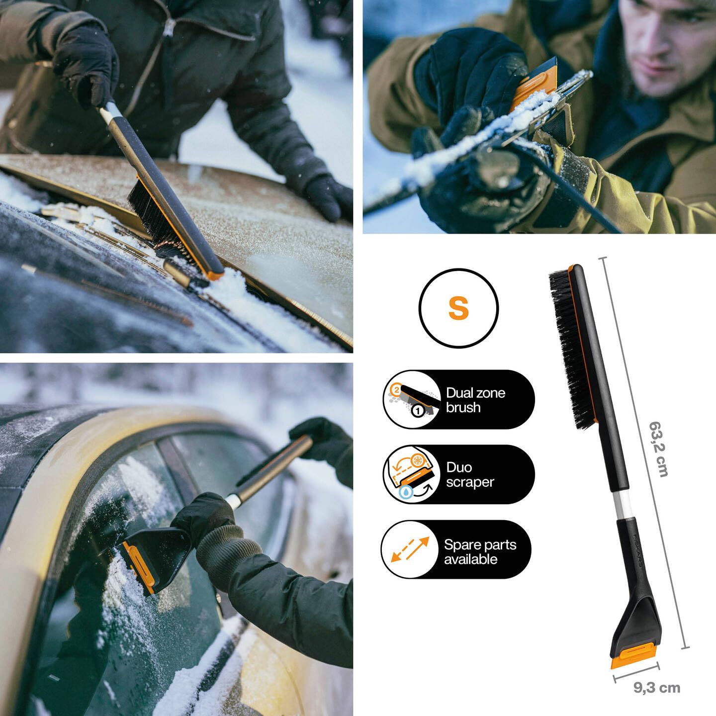 Fiskars Plus Spazzola e Raschietto per Ghiaccio 63 cm Doppie Setole Bordo Duro e Morbido Parti Sostituibili