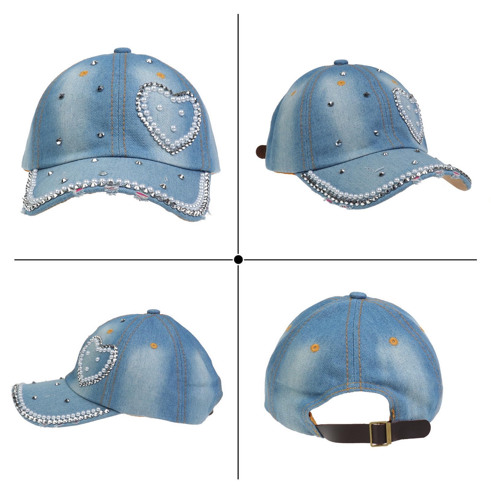 Gorra de béisbol de mezclilla de 6 paneles con diamantes de imitación, con perlas de diamantes de imitación, ajustable, gorra de camionero, hip hop, deportes al aire libre, visera de golf