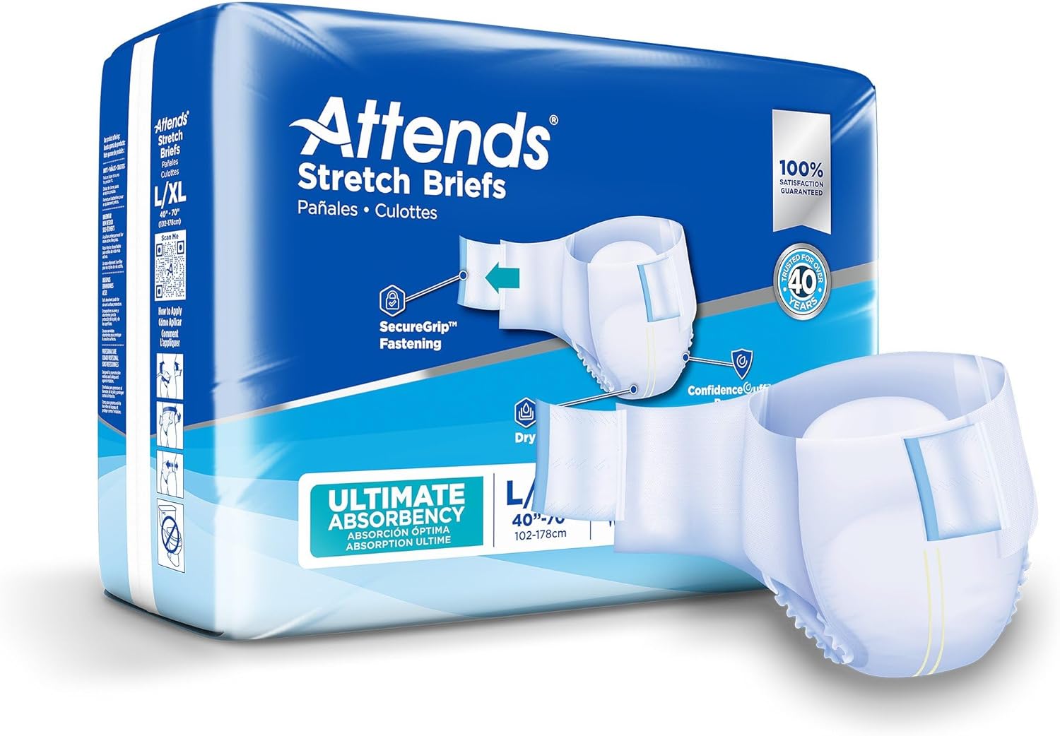 Attends Stretch Adult Incontinence Disposable Briefs, Large/X-Large, 40"-70" Waist with SecureGrip Tab Closure, Ultimate Absorbency with Dry-Lock Containment Core and Breathable Side Panels, 96ct Case
