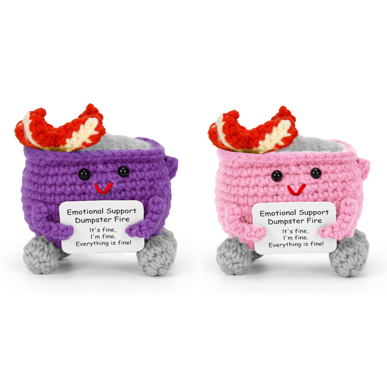 Purryegift 2PCS Emotional Support Dumpster Fire Crochet with Positive Card Funny Home Desk Decor Graduation Birthday Gifts for Women Men Inspirational