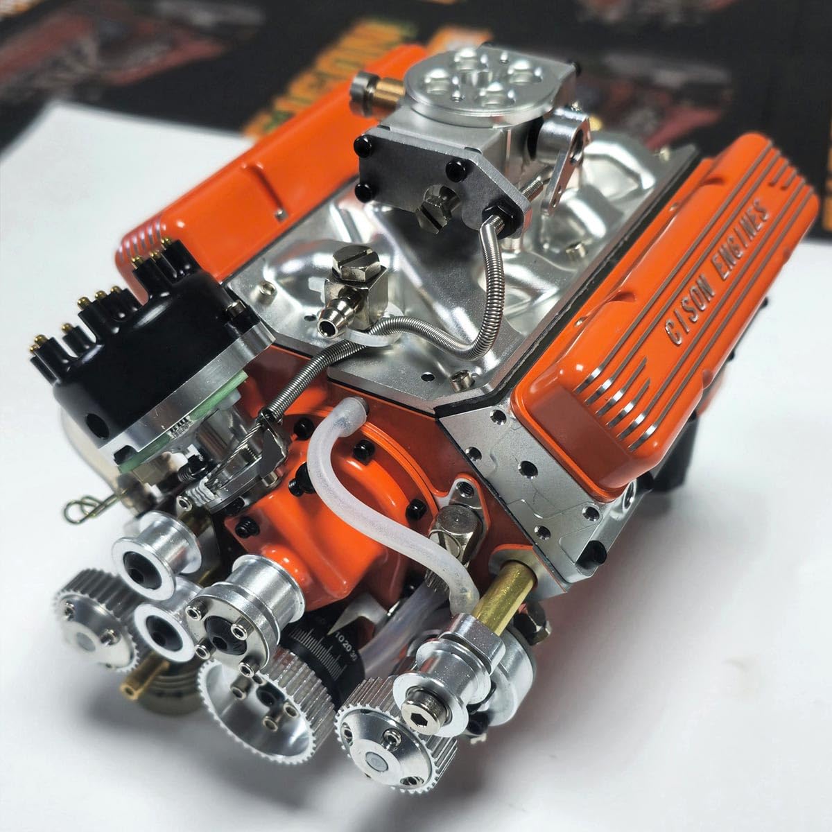 CISON-V8 - Kit modello motore con accessori, motore OHV V8 in metallo 44 CC in scala 1/6, raffreddato ad acqua, kit modello di motore a 4 tempi, modello di esperimento fisico per adulti