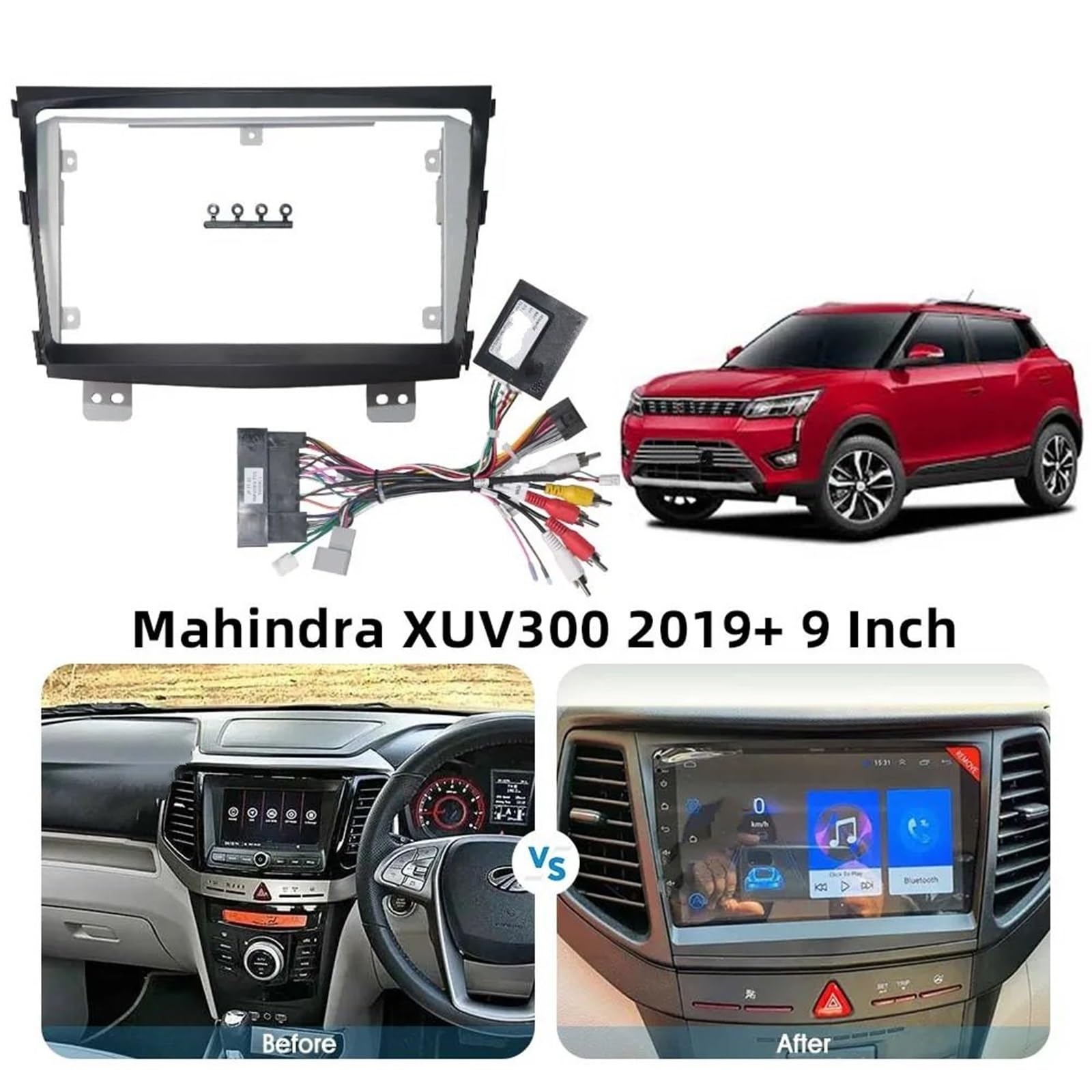Autoradio Rahmen,Zestaw zaślepek radiowych Zestaw adaptera do dekodera radia samochodowego z Androidem, do montażu na desce rozdzielczej, pasujący do Mahindra XUV300(Full Set A)