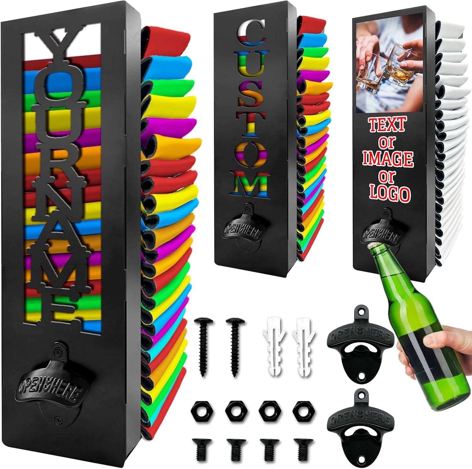 Personalized Can Cooler Holder With Bottle Openers Wall Mounted, Custom 2 in 1 Metal Can Cooler Dispenser with Text Customized Organizer for Beer Can Sleeves Drinker Cool Stuff Christmas Gifts