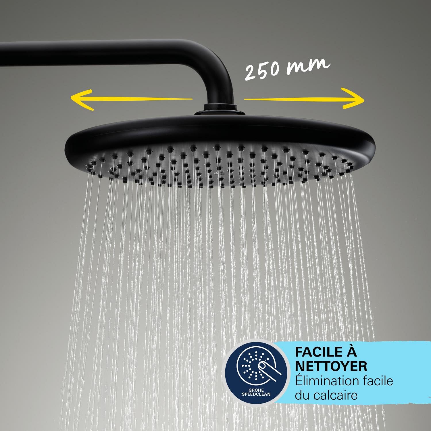 GROHE Vitalio Start System 250, Colonne de Douche avec Mitigeur Thermostatique, Douche de Tête Ronde 25cm 1 jet, Douchette Ronde 11cm 2 jets, Flexible 1.75m, Economie d'Eau, Noir Mat, 266772431