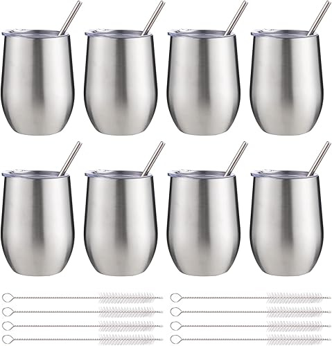 FristChoice Vaso de vino aislado de 12 onzas con tapa y pajita, vaso de vino de acero inoxidable sin tallo de doble pared, vaso de vino al vacío a