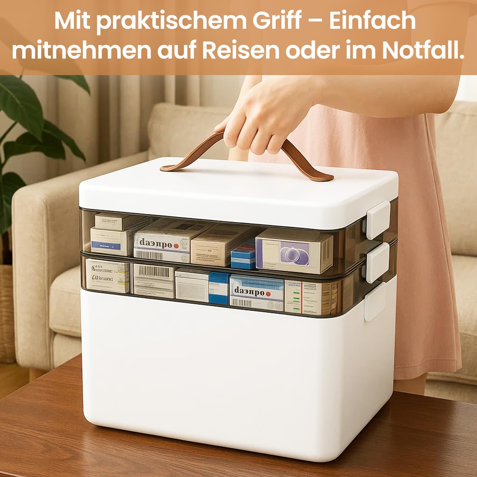 3 Ebenen Medikamentenbox Organizer 34x22x25cm, Weiß | Hausapotheke Medizinbox，Erste-Hilfe-Kasten mit Griff, tragbarer Aufbewahrungskoffer für Zuhause, Reisen, Camping
