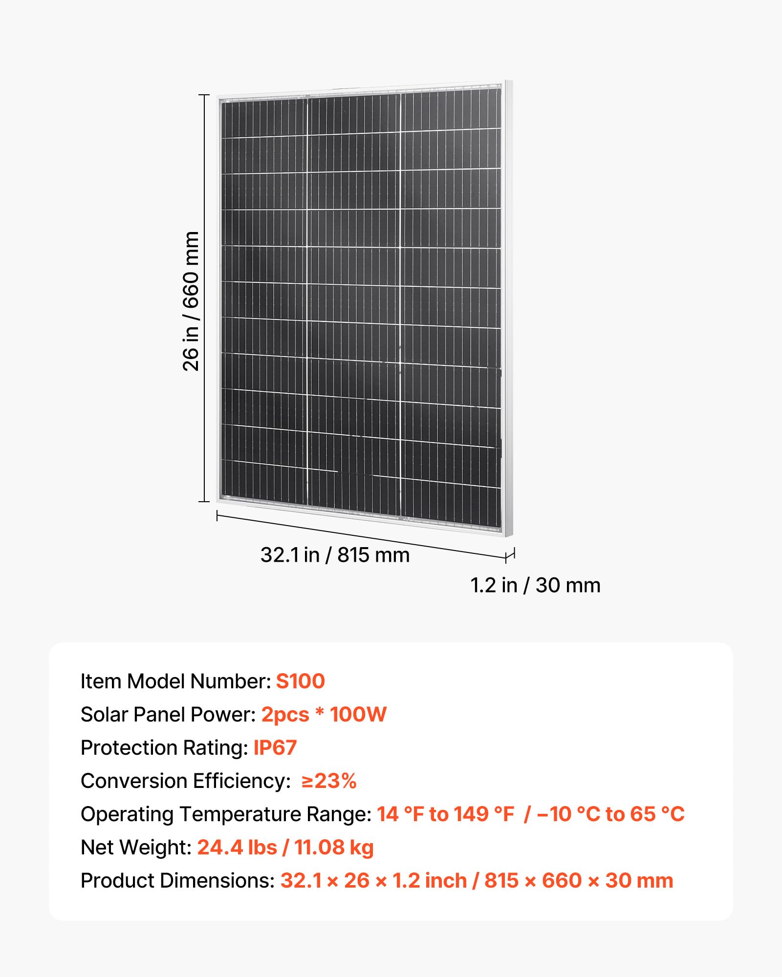 VEVOR Pannelli Solari Bifacciali 2 pezzi da 100 W, Modulo Fotovoltaico Monocristallino di Tipo N Pannello Solare con Uscita MC4 Telaio in Alluminio, Impermeabile IP67 per Auto, Barca, Camper