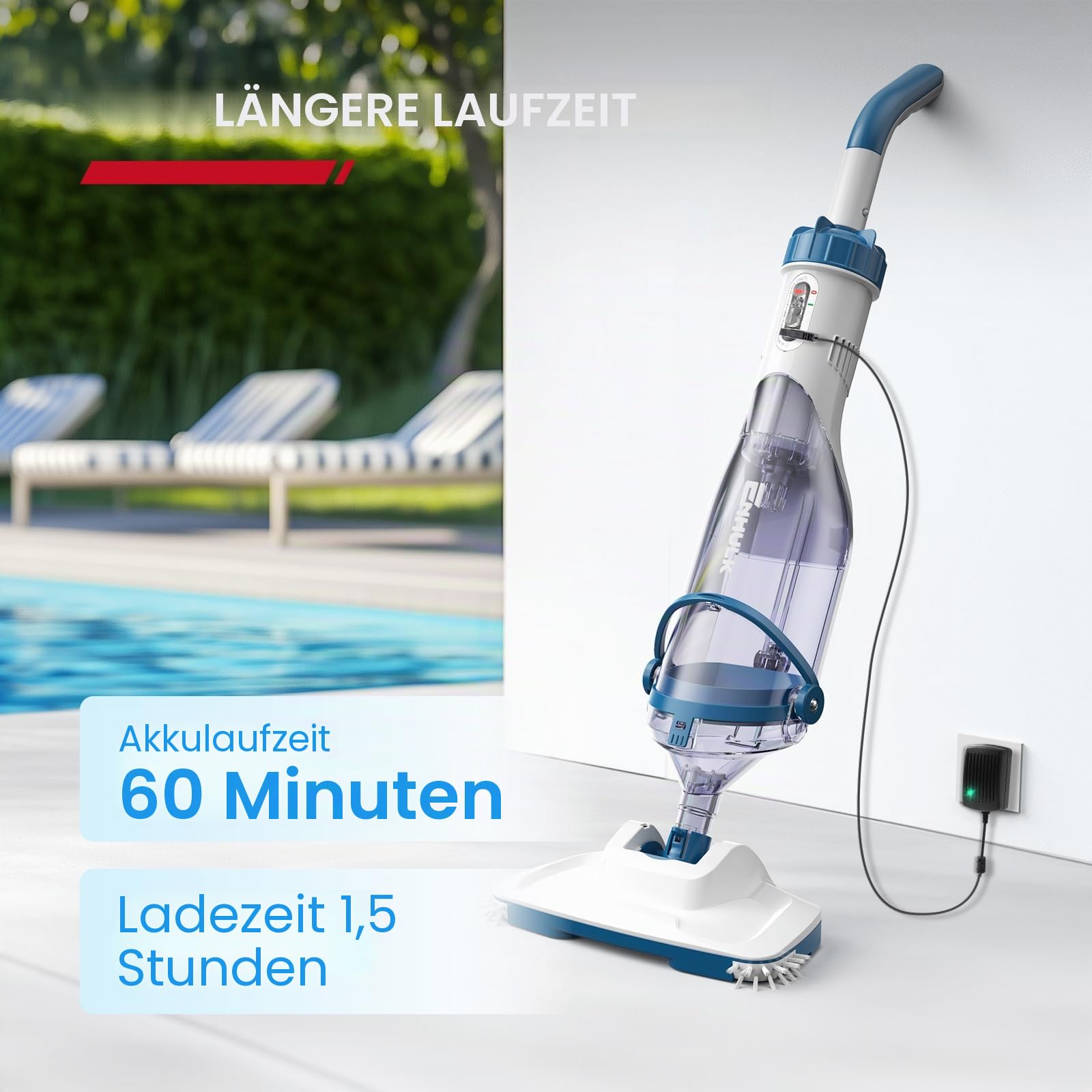 Enhulk Poolsauger Akku, 2025 Verbesserter 34cm breiter Kopf, Betriebsdauer bis zu 60 Minuten, Poolreiniger mit 3 Filter & Teleskopstange, Absaugung bis zu 4200L/H, Ideal für Aufstellpool usw