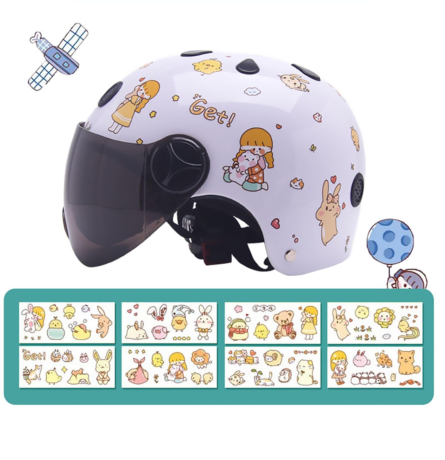 Casque Ouvert 3/4 Avec Pare-Soleil Pour Enfants Et Jeunes Adultes, Demi-Casque De Moto Cool Cat Ear Approuvé ECE, Scooter Cyclomoteur ATV Casques De Rue White,50~64CM