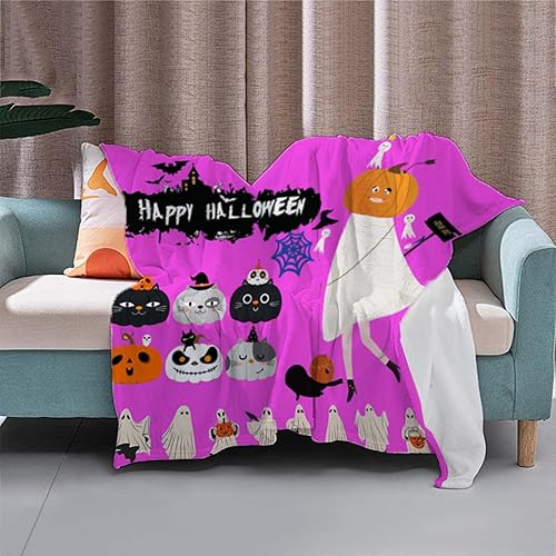 Manta de Halloween, manta de otoño con patrón de gatito, gato, calabaza y fantasma, franela suave, decoración de Halloween, manta para niños, para