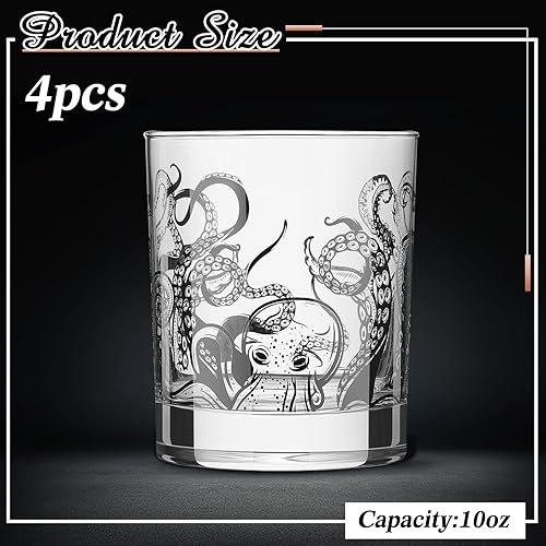Miniatura 2 de Zhehao 4 vasos de whisky de tentáculo de pulpo de 10 onzas, taza de pulpo a la antigua, copas de vino transparentes para playa, copas para beber