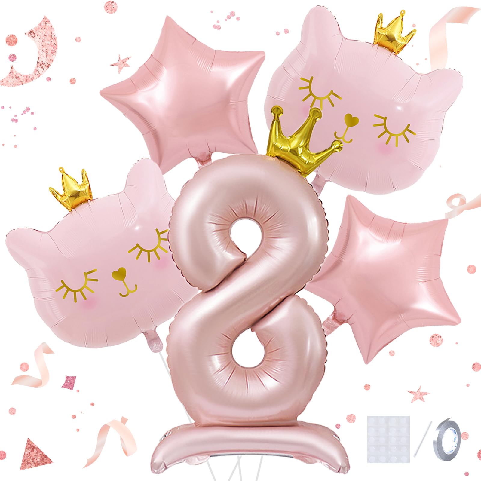 Panouo Pink Cat Balloon Set, Crown Cat Foil Balloon, 8 Year Old Girl Birthday Party Decoration, Cat Theme Party Decoration, Theme Party Supplies for
