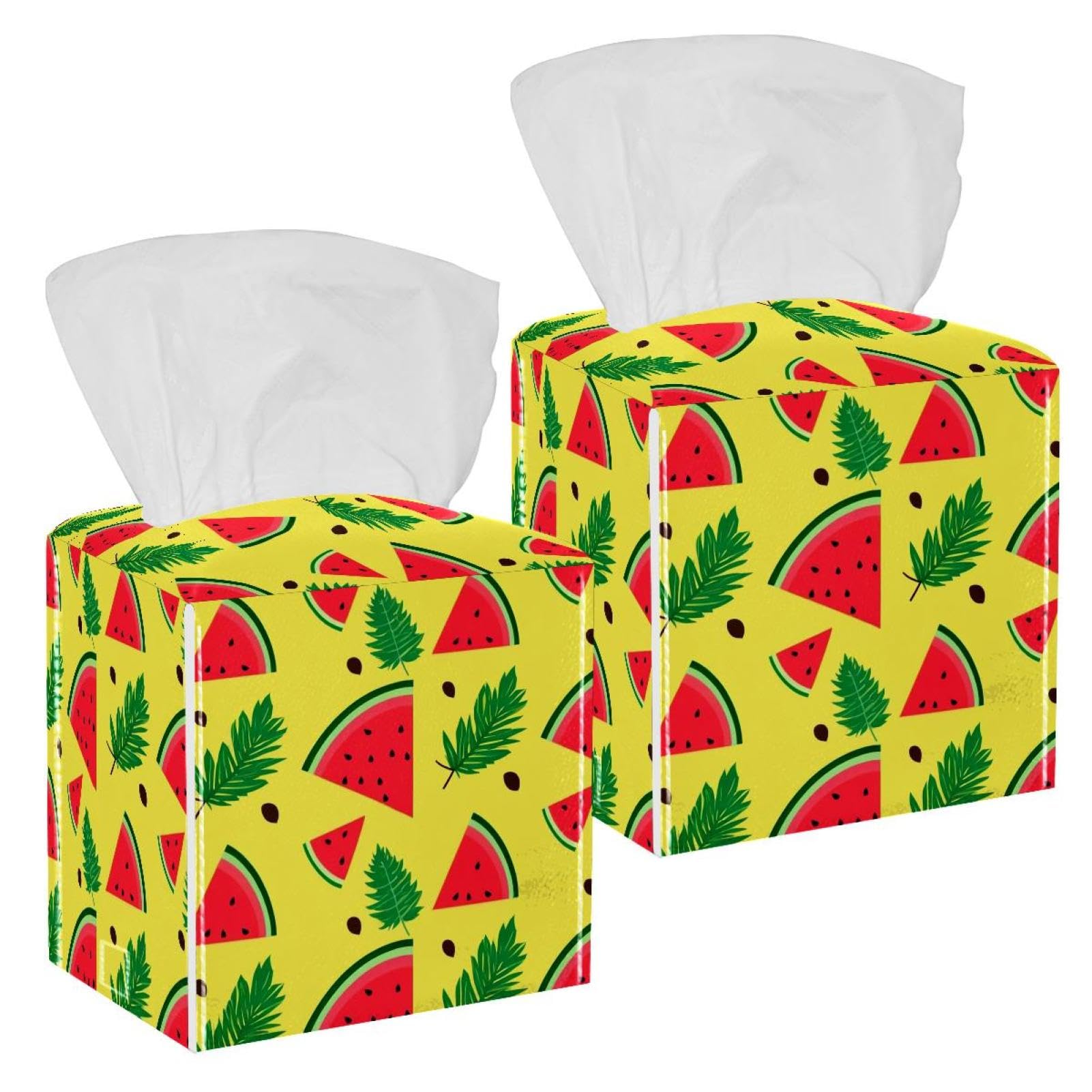 Watermelon Tissue Box Cover, 2 Pack PU Leather Square Facial Tissue Dispenser Box holder for Home Office Car