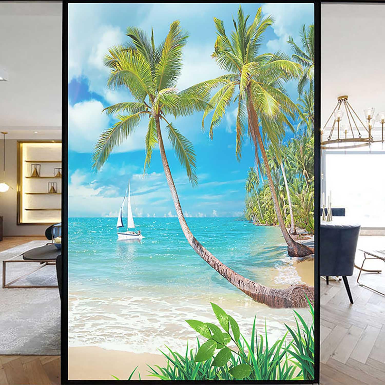 XQKXHZ Summer Ocean Scenery Pattern Kitchen Window Film Privacy One Way Stained Glass Decorative Window Film Removable Non-Adhesive Static Cling Window Glass Sticke for Home Office,H2,45x90cm