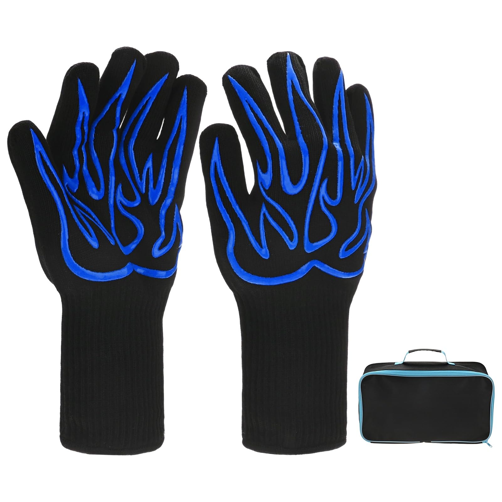 M METERXITY 1 paire de gants de barbecue, résistants à la chaleur de 800 °C, antidérapants, pour barbecue, pâtisserie, cuisine, avec sac de rangement [motif de flamme, bleu]