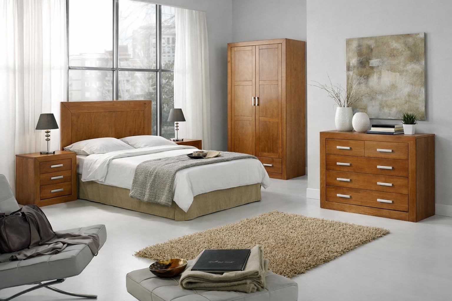 Cómoda Dormitorio con Cajones – Madera de Pino Macizo, Serie Kalpe Acabado Cerezo, Cajonera Auxiliar Robusta para Dormitorio 80x95x40 cm