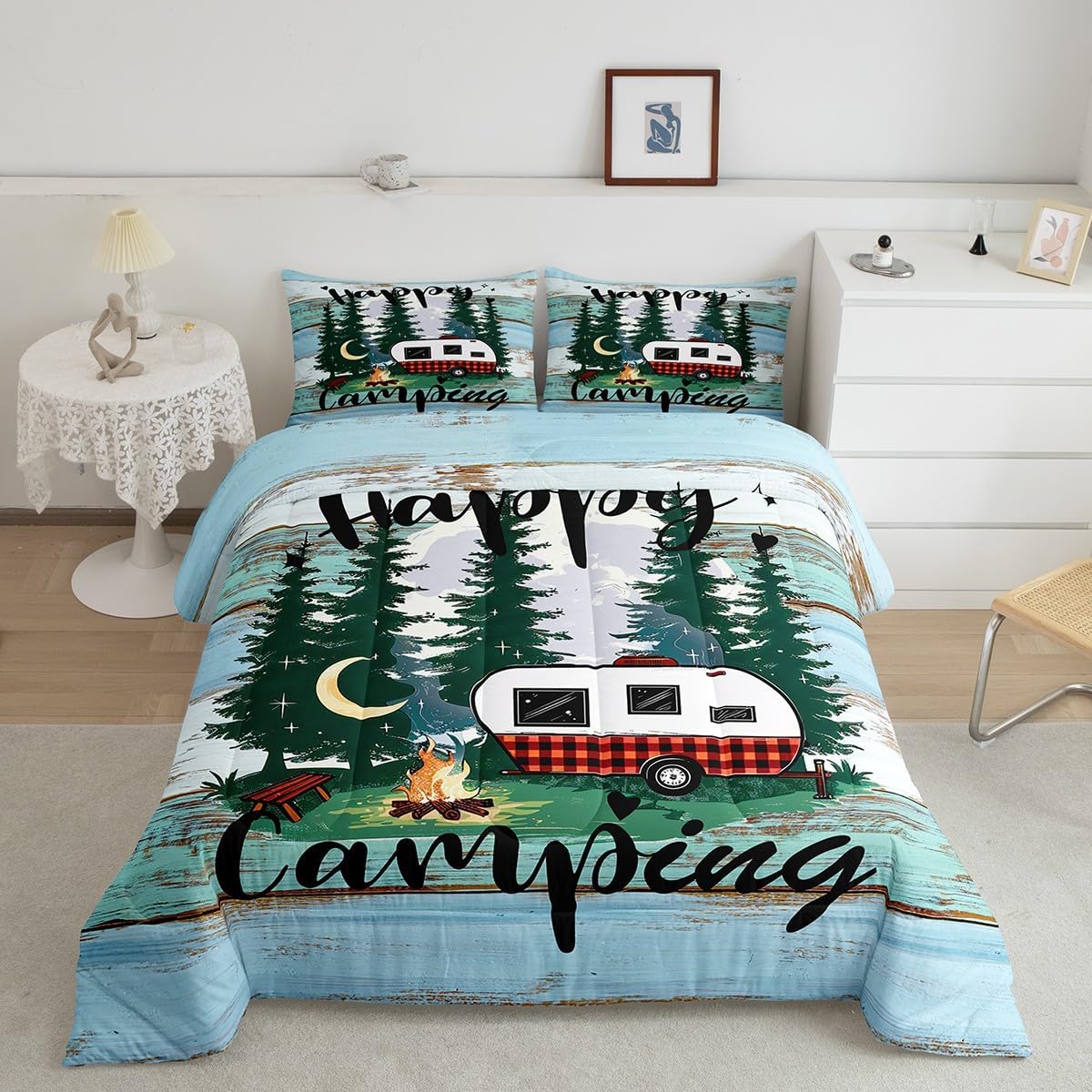 Feelyou Happy Camping Comforter Set Queen Size Kids RV Camping Comforter for Boys Girls Teens Western Farmhouse Bedding Set Wooden Duvet Set Tree Branches Quilt